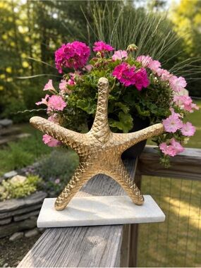 Large Starfish Sculpture on Marble - Coastal Decor | Gold w/Silver Flecks
